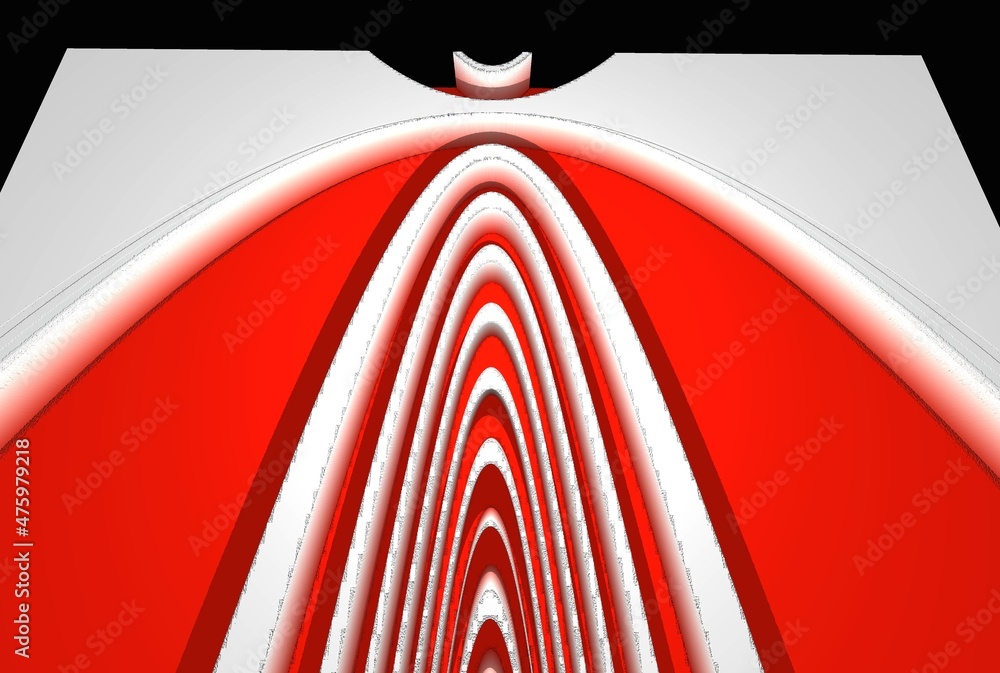 Poster patterns and 3d puzzle design from vivid red and white parabolic concentric convex concentric stripe