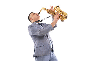 Fototapeta na wymiar Professional musician man in a suit plays on saxophone isolated on white background