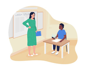 Using smartphone during class 2D vector isolated illustration. Female teacher and schoolboy with phone flat characters on cartoon background. Negative impact on educational process colourful scene