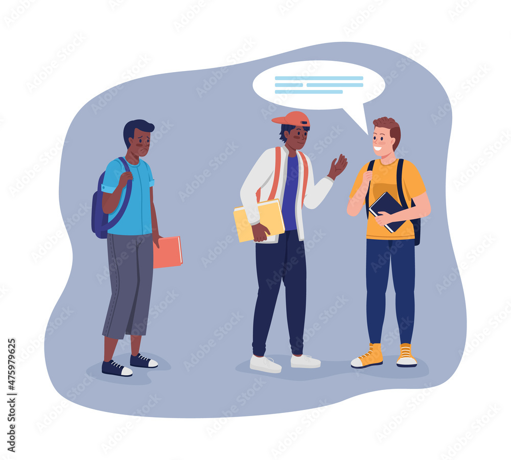 Poster struggling to make friends in college 2d vector isolated illustration. schoolboy being ignored by cl