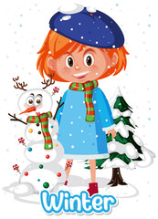 Fototapeta na wymiar Cute girl in winter costume with a snowman