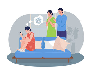 Dealing with teenager depression 2D vector isolated illustration. Disturbed parents looking at sad daughter flat characters on cartoon background. Child mental health colourful scene
