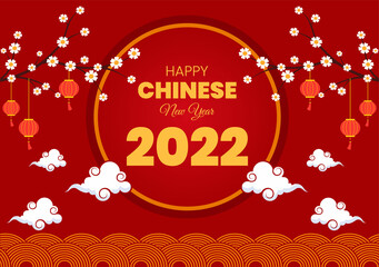 Naklejka premium Happy Chinese New Year 2022 with Zodiac Cute Tiger and Flower on Red Background for Greeting Card, Calendar or Poster in Flat Design Illustration