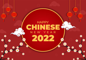 Happy Chinese New Year 2022 with Zodiac Cute Tiger and Flower on Red Background for Greeting Card, Calendar or Poster in Flat Design Illustration