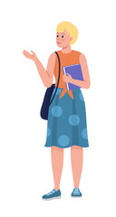 Female student in summer outfit semi flat color vector character. Standing figure. Full body person on white. Young girl isolated modern cartoon style illustration for graphic design and animation