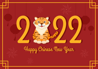 Happy Chinese New Year 2022 with Zodiac Cute Tiger and Flower on Red Background for Greeting Card, Calendar or Poster in Flat Design Illustration