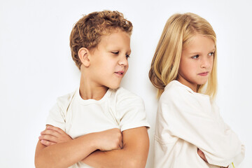 Image of boy and girl fight naughty light background
