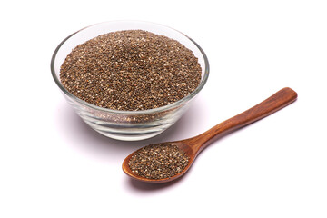 Glass bowl of organic natural chia seeds close-up isolated