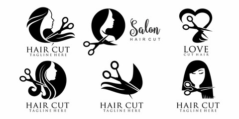 logo collection A beautiful woman having her hair cut by hairdresser scissors.