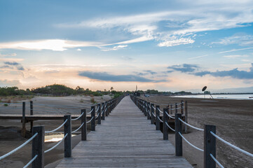 Obraz premium Landscape with wooden walkway in the sand on the beach