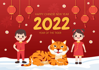 Happy Chinese New Year 2022 with Zodiac Cute Tiger and Kids on Red Background for Greeting Card, Calendar or Poster in Flat Design Illustration