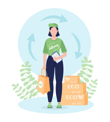 Sustainable delivery flat concept vector illustration. Shipping boxes. Professional courier in uniform isolated 2D cartoon character on white for web design. Order shipment service creative idea