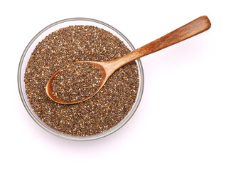 Glass bowl of organic natural chia seeds close-up isolated