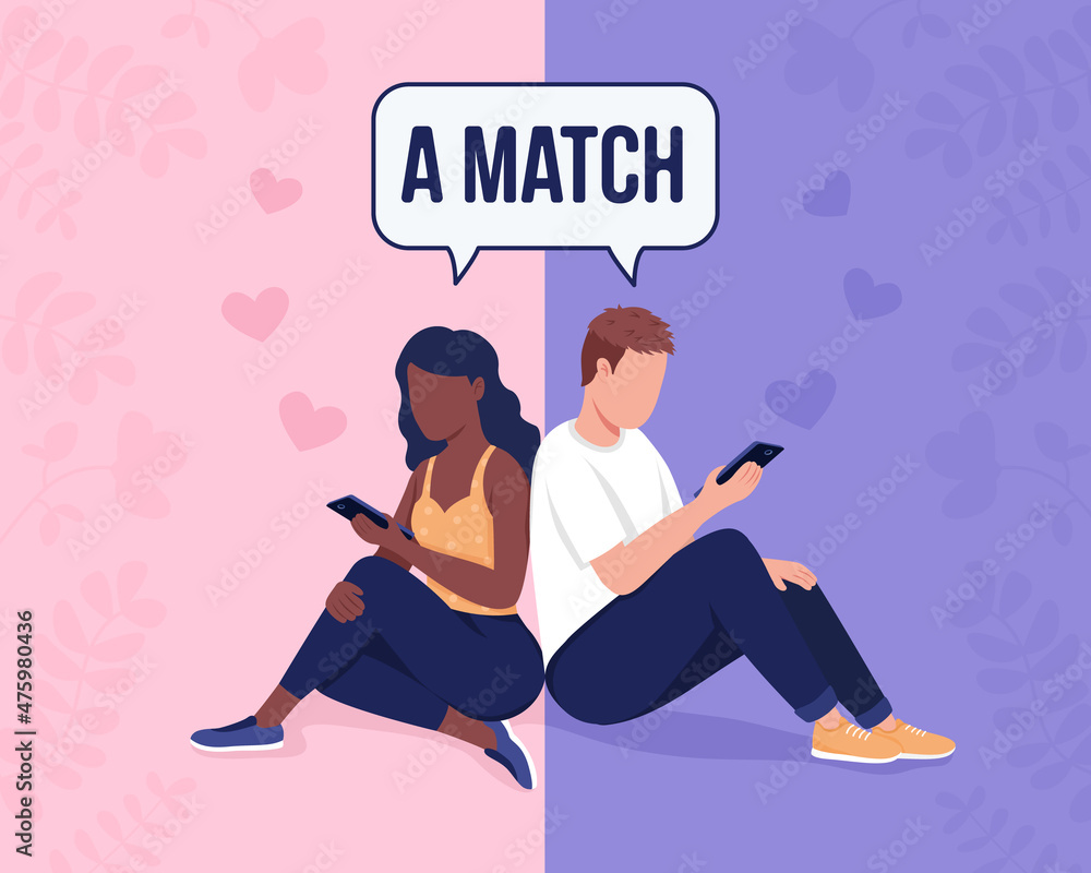 Poster matching with partner based on personality traits flat color vector illustration. young woman and ma