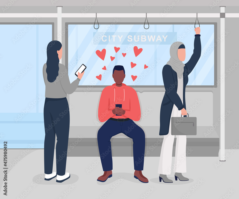 Poster using dating app in city subway flat color vector illustration. smartphone applications addiction. e
