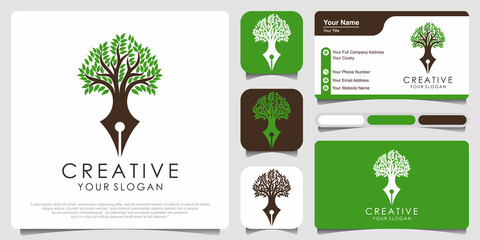 Tree pen with business card .vector logo design template