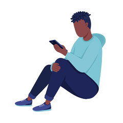Young boy looking at phone semi flat color vector character. Sitting figure. Full body person on white. Late adolescence isolated modern cartoon style illustration for graphic design and animation