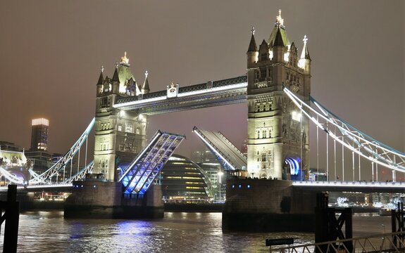 Tower Bridge Raised At Night