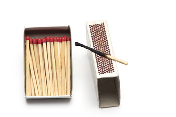 matchbox burnt match rubbing surface white background