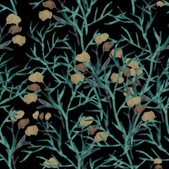 Watercolor seamless pattern with green branches on a black background. Perfect for wrapping paper, textile, wallpaper. Botanical pattern.