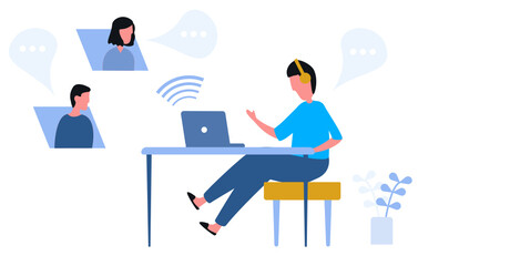 Freelance men working call with the group friends video conference