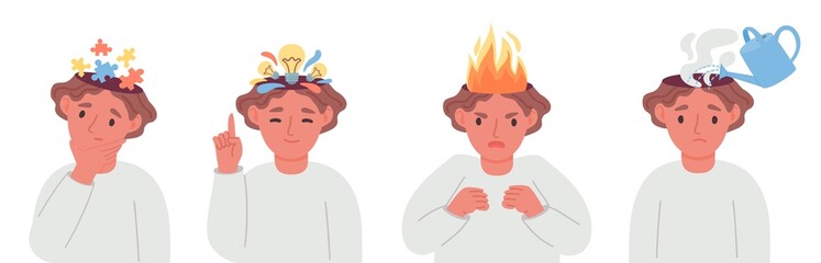 Work stages, creative thinking, stress and burnout problem. Worker on pressure with head on fire. Mentally exhausted employee vector concept