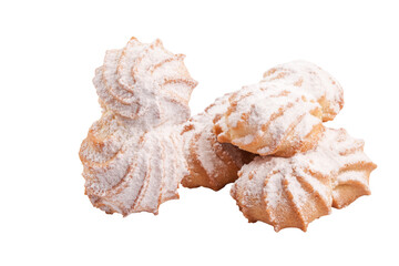 Butter shortbread swirl biscuits sprinkled with powdered sugar on white background