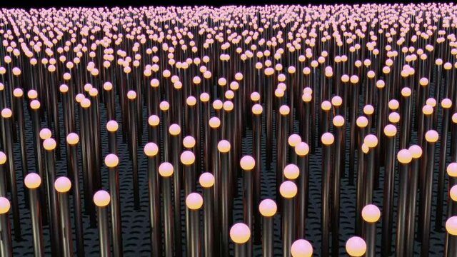 Glowing Nano wires , fiber optic filaments. Array of many nanowires . Small , tiny repeating electronic wires with glowing tips.3d animation render