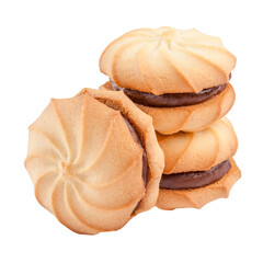 Shortbread whirls biscuits with chocolate filling isolated on white background