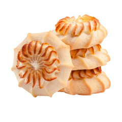 Crispy swirl shaped shortbread cookies with curd cream isolated on white