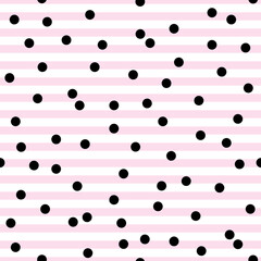 Pink Stripe Seamless Background Pattern with Black Polkadots