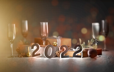 2022 new year composition with christmas holidays decoration - 3d rendering