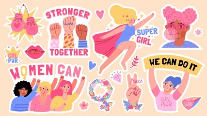 Flat girls power stickers with fists up and feminism slogans. Strong black women rights. Super girl. Feminist movement symbols vector set
