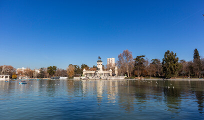 Lakes, parks and landscapes in autumn, in the city of Madrid Spain. Retiro Park in the center of Madrid.