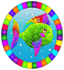 Illustration in the style of a stained glass window with a bright rainbow fish scalar on a background of blue water, oval image in bright frame