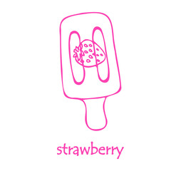Sketch of fruit ice cream with strawberry flavor. The outline is drawn by hand. Ice cream is suitable for infographics and applications, postcards, greetings, labels.