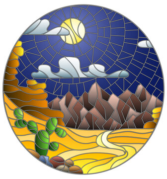 Illustration in the style of a stained glass window with a desert night landscape, oval image
