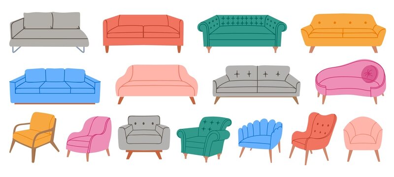Cartoon chair, sofa and couch, house comfort soft furniture. Cozy armchairs in scandinavian style. Interior relaxing elements vector set