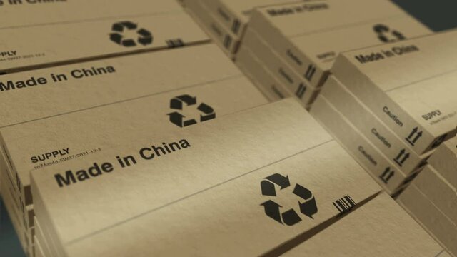 Made in China China box production line. PRC manufacturing and delivery. Product factory and export. Abstract concept 3d rendering loopable seamless animation.