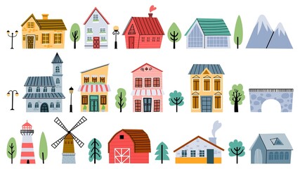 Fototapeta premium Cute childish town and village buildings, houses and cottages. Cartoon city architecture, bridge, windmill, farm and light house vector set