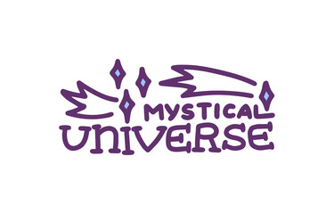 Mystical universe hand drawn text in doodle style, vector illustration isolated on white background.