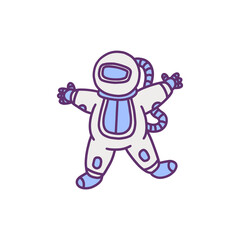 Astronaut in a blue space suit cartoon vector icon. Spaceman in outer space no gravity, doodle illustration isolated.