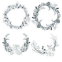 Set of four delicate floral wreaths, line art