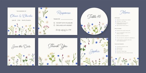 Wedding cards set. Floral background designs for marriage party. Romantic botanical invitation, menu, label and Save the Date templates with flowers, delicate plants. Flat vector illustrations