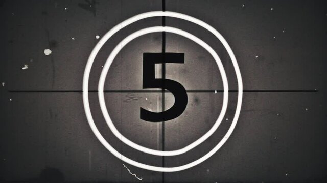Old film countdown. Vintage defocused film look, flicker, grain and scratches effect. 4K animation 16 bit depth