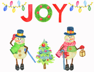 Hand drawn watercolor holiday illustration.Garlands,snowmen and tree.