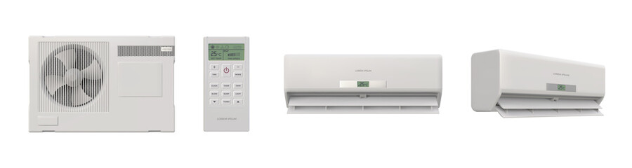 Realistic air conditioner, remote, indoor and outdoor ventilator. Split system, climate control technology. 3d room air condition vector set