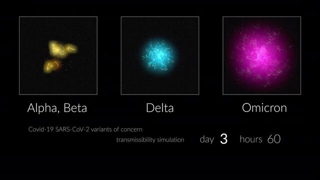 Omicron transmission simulation, compared to Delta and Alpha, black background.