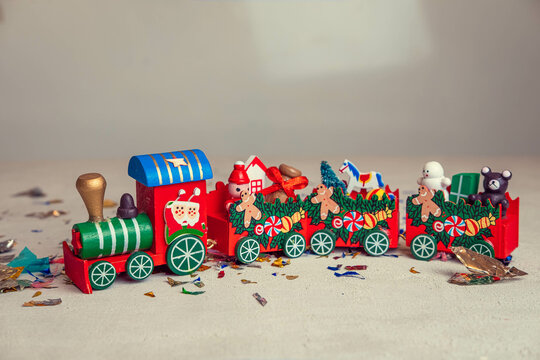 santa claus steam locomotive with gifts, concept of christmas and gifts , christmas sales