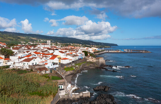 Portugal, Azores, Vila Franca do Campo, Drone view of town on southern edge of Sao Miguel Island